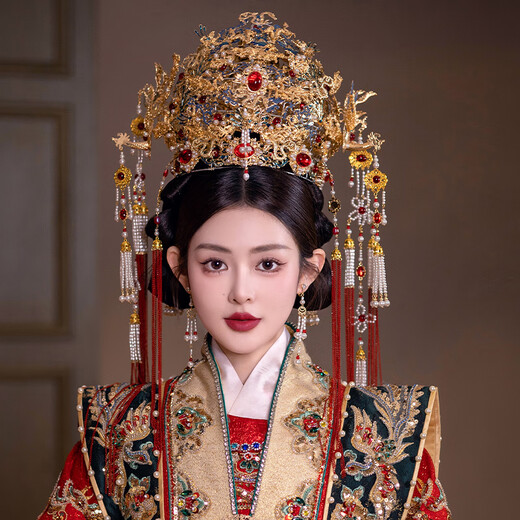 Chi Xing Bridal Headdress Cloisonné Long Tassel Ming-style Hanfu Classical Hanfu Wedding Chinese Ancient Style Phoenix Crown Hair Accessory Headwear Set 83212