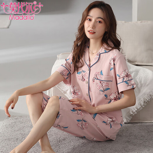 莫代尔纯棉睡衣女夏季新款开衫翻领短袖七分裤宽松大码休闲家居服套装女 NX9892 M 女