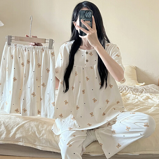 浪莎（LangSha）棉绸睡衣女春夏季纯棉短袖长裤甜美可爱可外穿棉家居服三件套装 QSM三件套-S761樱桃熊 短-袖+短- XL 【120-140斤】