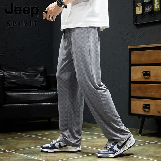 Брюки для шахматистики Jeep Spirit Men's Summer's Summer Style 2025 Новый ледяной шелк спорт быстро сушащий широко ногу с прямыми ногами.