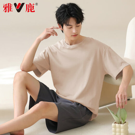 雅鹿男士睡衣男纯棉夏季薄款短袖全棉可外穿休闲大码男生家居服套装 42M13603 2XL 【推荐体重140-160斤】