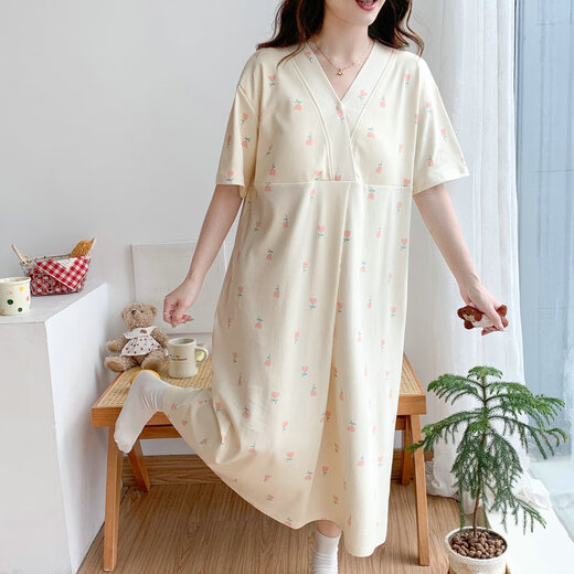 Cao Jingjia Sommer Kurzärärmelte schwanger Frauen Nachthemd mit Brustpolster Schwangerschaft Pyjamas 2025 Neues Krankenhaus kann beim Betreten des Kreislaufraums qSy16803 Kurzärärmelrock 2xl Größe empfohlenes Gewicht 135-148jin [Jin Equals 0,5 kg] tragen.