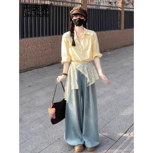 丹珠娜（DanZhuNa）休闲裤女装秋季新款女装套装法式穿搭温柔衬衫牛仔裤子两件套衣服 黄色衬衫+蕾丝+牛仔裤 M