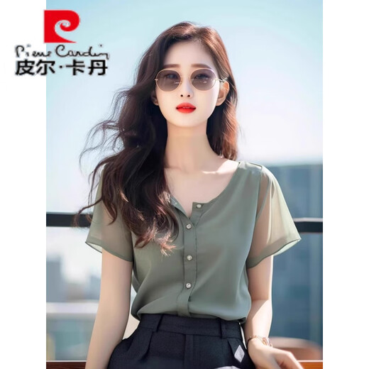 皮尔 卡丹2025夏季今年流行漂亮小衫遮肚子独特别致军绿色雪纺衬衫上衣女士 6196-军绿色 S 【建议80-95斤】