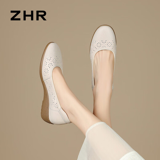 ZHR wedge single shoes for women hollow breathable summer women's shoes lightweight and simple boat shoes for women KM33 beige 38