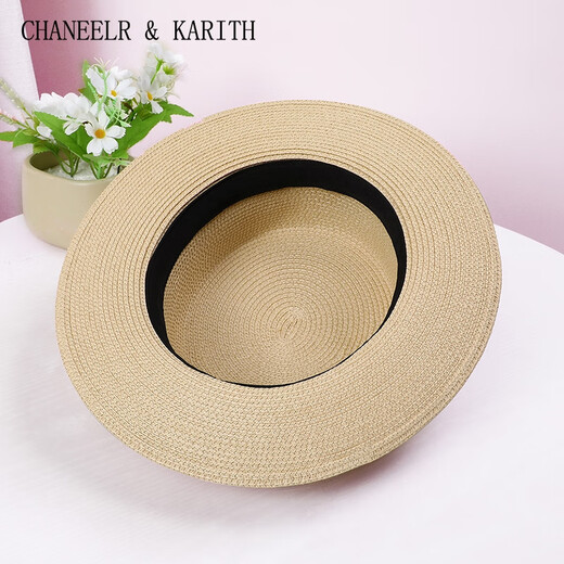 CHANEELR / KARITH top hat sunscreen straw hat women summer flat top versatile elegant pearl straw hat birthday niche gift for girlfriend wife beige
