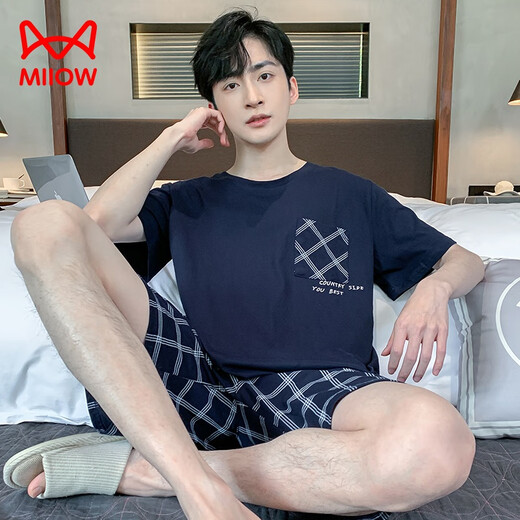 Catman (Miiow) Pyjamas für Männer im Sommer können reine Baumwoll-Shorts außen getragen werden, um cosen kühles Hausbekleidungsset für lässige Herren 9928# L Empfohlene 100-120jin [Jin gleich 0,5 kg]]