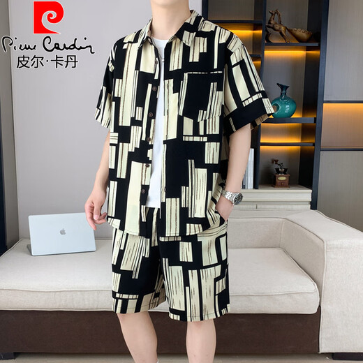 Pierre Cardin Summer Ice Seide kurzärmeligte Hemdanzug Herren-Gelegenheitssportstrand Halbärmelige Hemd mit Shorts eine ganze Reihe trendiger 677 Khaki-Anzug 4xl 175-190Jin [Jin ist 0,5 kg]