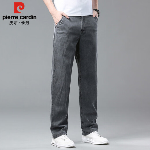 皮尔卡丹（pierre cardin）牛仔裤男春夏季薄款冰丝直筒裤子男士宽松休闲裤男装 烟灰色 32