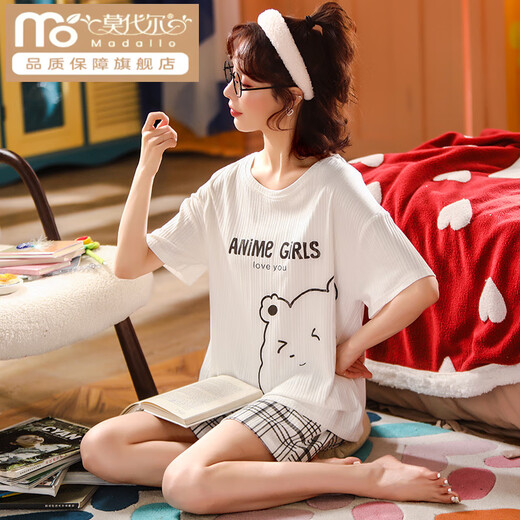 Modal summer ladies pajamas, cute cotton Korean version, short-sleeved two-piece set, thin student cartoon spring and autumn home clothes, off-white SKM6621 M (recommended 75-95 Jin [Jin equals 0.5 kg])