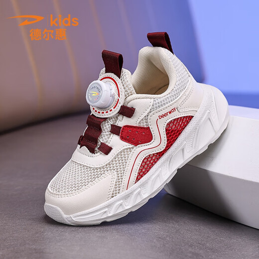 Del Hui Kinderschuhe 2025 Neues Kindermischnetz atmungsaktive Sportschuhe Herren-Mittel-Big-Kinder-Laufschuhe Mädchen Outdoor Freizeitschuhe D9928 Weiß rote Single Net 30 innere Länge 19cm Fuß Länge 18 cm