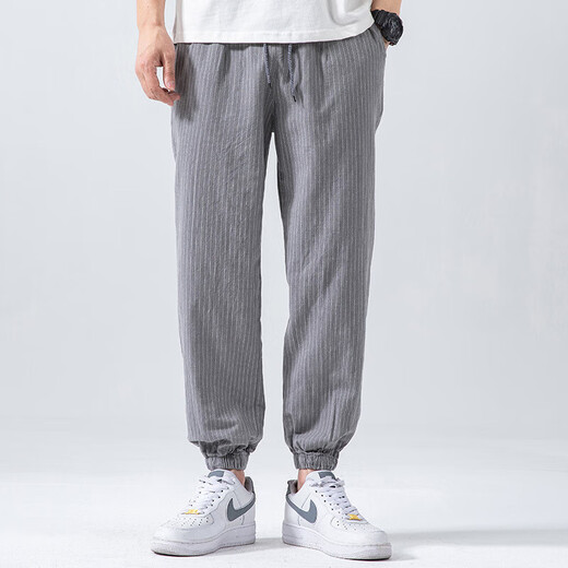 Linen nine-point pants men's elasticated summer cotton and linen thin Chinese style casual pants for middle-aged and young people with leggings light gray XL (recommended 160-180 Jin Jin equals 0.5 kg)