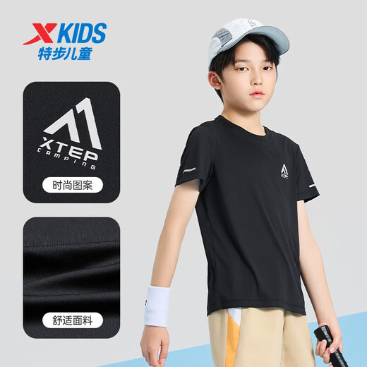 特步（XTEP）童装儿童夏季短袖针织衫短T中大童男童透气舒适运动休闲T恤 纯正黑【9215】 100 cm
