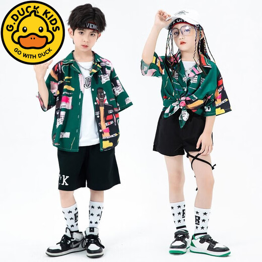 G.DUCKKIDS小黄鸭儿童街舞潮服夏季男童嘻哈衬衫套装毕业走秀服装女孩爵士舞 841男白短袖 110