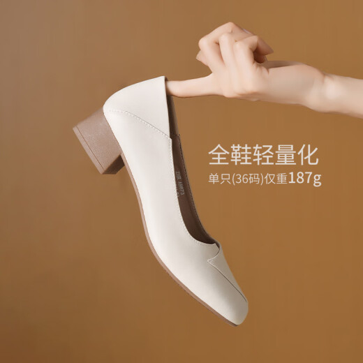 ZHR粗跟单鞋女经典拼接工作皮鞋通勤一脚蹬浅口女鞋软底AH673米色36