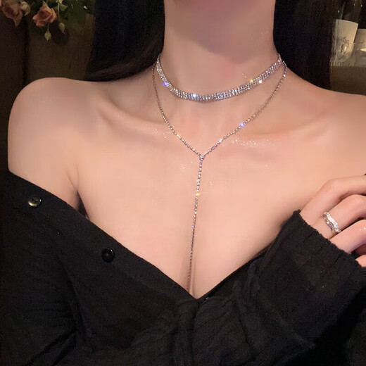 共赴晚宴_满钻超闪流苏项链女轻奢小众设计感胸链高级锁骨链颈链 粗款满钻流苏锁骨项链【1条装】