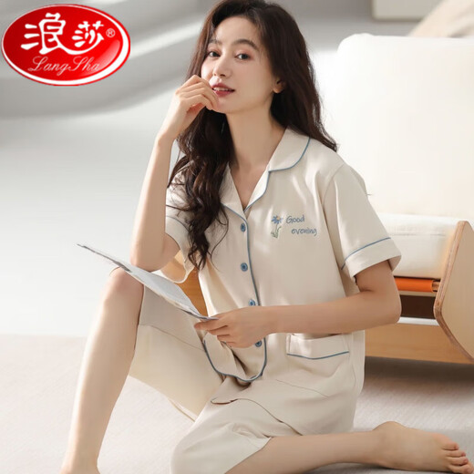 浪莎纯棉睡衣女士2025夏季短袖七分裤中青年款大码开衫套装薄款家居服 n9896短袖七分裤开衫 M (80-100斤)
