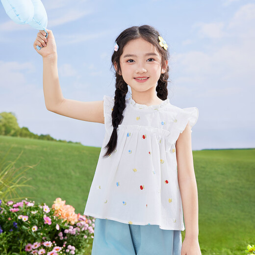 Xiaoyinman girls' shirt ruffled small flying sleeves summer children's middle and large children's fungus round neck casual top flower art 150