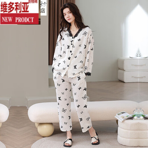 Victorias Stil Herbst Langarmer Pyjamas Cardigan Hosen Wolke Cotton Casual Lose Print Frauen Hausbekleidungsanzug Frühling und Herbst 72 722f14701 L