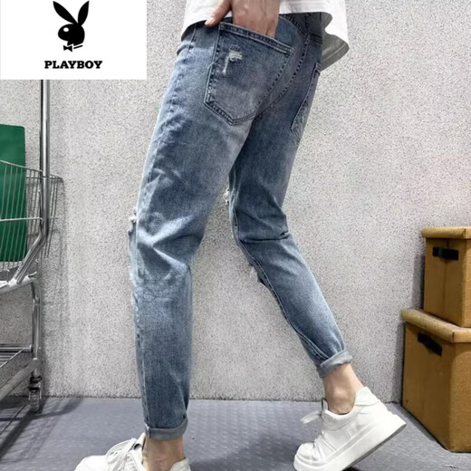 Playboy Design Jeans rasgados de jeans Los delgados pies de verano tendencia de moda de verano elástica guapo scrambulado pantalones mendigos casuales k897 jeans azul claro 31 (135jin [Jin equivale a unos 0.5 kg])