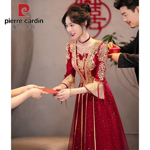 
Pier Cardin toasting suit Bride 2025 new summer burgundy Chinese long-sleeved wedding engagement dress for women burgundy medium-length [684] 2XL