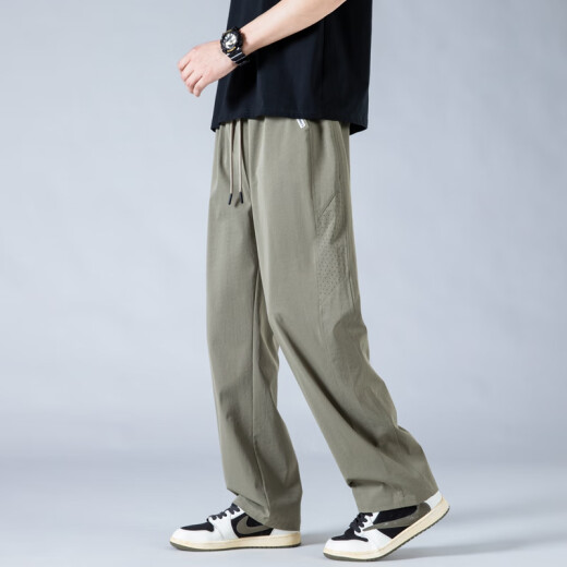 
POUM ice silk straight pants men's summer loose sports breathable drape wide-leg quick-drying pants 6636 military green 3XL