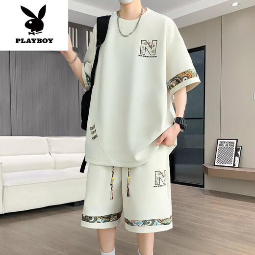 花花公子（PLAYBOY）2025年夏季新款中国风时尚休闲男士套装圆领短袖T恤短裤两件套潮 【短.袖套装】6195 黑色 2XL (建议145-160斤)