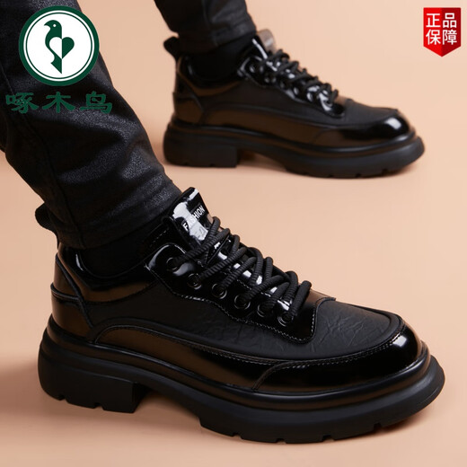 Woodpecker Leather Shoes Men's 2025 New Genuine Leather Young Men's Sports Men's Casual British Style Business Black Soft Leather Trendy Shoes Black Ordinary Style 38