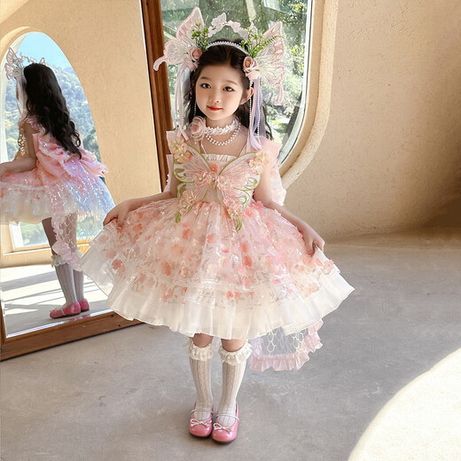 Ant-Patio Girl Princess Lolita Robe 2025 Nouveau d'été Children's Flower Fairy Dress Girl's Birthday Robe Pink (6630 Flower Fairy Robe + Jirt Support) 120 Recommandé 5-6 ans (hauteur environ 115)