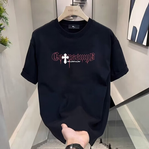 Chang Luzhu 2025 Sommer New American 220G Pure Cottro Retro Schwarzes Top-Paar Outfit Vielseitige runde Hals kurzärmeligte T-Shirt für Männer und Frauen V695 Black S
