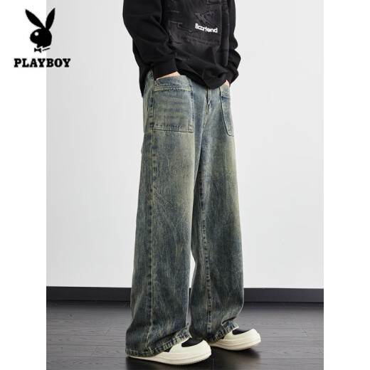 花花公子（PLAYBOY）闪电纹水洗牛仔裤男夏季新款复古宽松直筒阔腿裤潮牌高街美式裤子 1049黑渐变 M