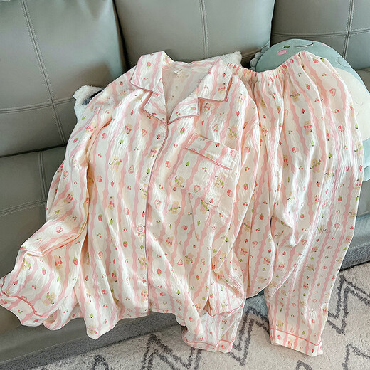 荣西图（RONGXITU）云朵棉睡衣女长袖长裤宽松大码家居服套装 826#蓝竖条花朵 170 M