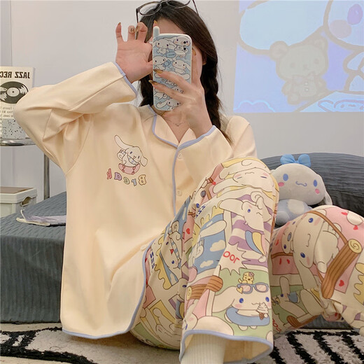 FHHUABDins style internet celebrity new pajamas spring and autumn cardigan thin long sleeve trousers loose princess style home clothing set 9209 three-eyed monster M [recommended 80-100Jin [Jin equals 0.5 kg]]