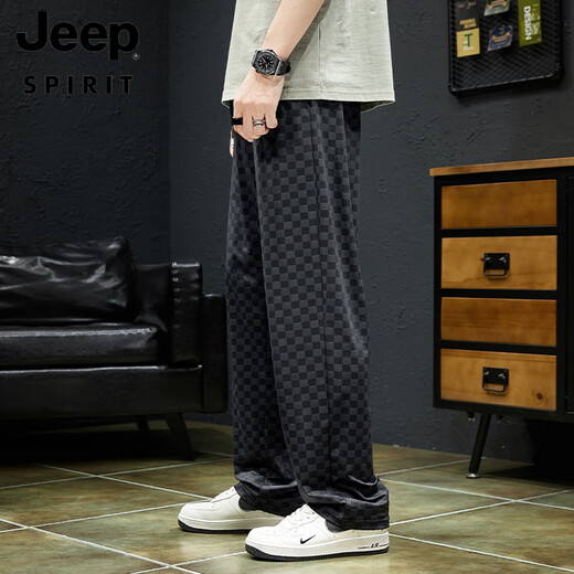 Брюки для шахматистики Jeep Spirit Men's Summer's Summer Style 2025 Новый ледяной шелк спорт быстро сушащий широко ногу с прямыми ногами.