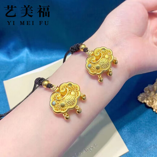 Iosn999 Pure Gold Ancient Method Longevity Blessing Lock Pendant Gold Safe Baby Lock Bag Hollow Necklace One-month-old Gift Large Xiangyun Lock + 1 Gold Bead About 12.1g