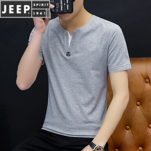 JEEP SPIRIT夏季新款男士短袖纯色修身鸡心领t恤棉质V领半袖凉感男生t恤潮牌 QY-694 V 领-黑色 XL 120-135斤