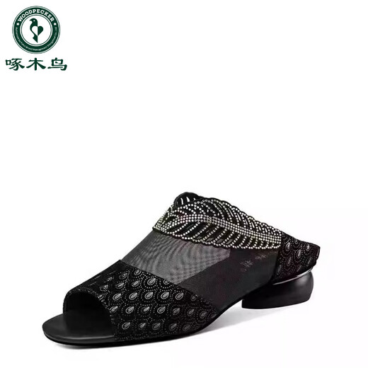 啄木鸟真皮网纱凉拖女2025新款夏季时尚百搭水钻粗跟外穿鱼嘴凉鞋一字拖 金色 38 标准码数