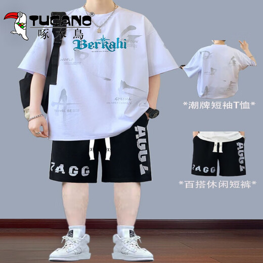 
Woodpecker teenager men's handsome student trend suit summer short-sleeved T-shirt boy junior and senior high school students casual two-piece set t [695 white + shorts suit] L suggests 95-115Jin [Jin equals 0.5 kg]