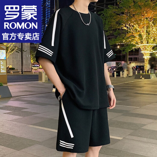 
ROMON short-sleeved T-shirt for men 2024 summer new trendy casual sports suit loose half-sleeved men's T-top men's clothing FKS653 white suit 3XL about 170-190Jin [Jin equals 0.5 kg] can be worn