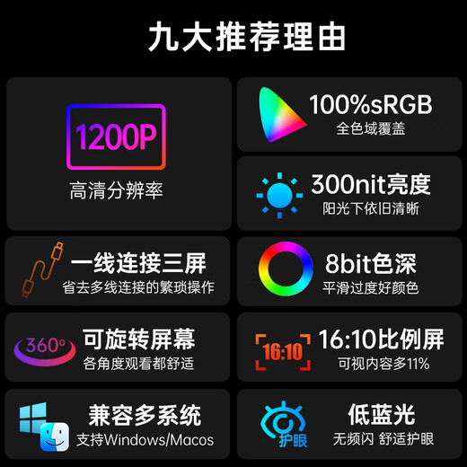 爱国者16英寸便携显示器拓展屏炒股专用办公电脑三屏外接显示器笔记本副屏Type-C一线通三屏款