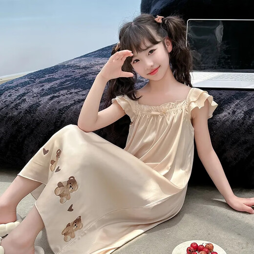 莫代尔女童吊带睡裙冰丝小女孩夏季新款薄款中大童空调服儿童家居连衣裙 869 杏色卷边吊带小熊睡衣 160 cm 建议150-160cm10-12岁