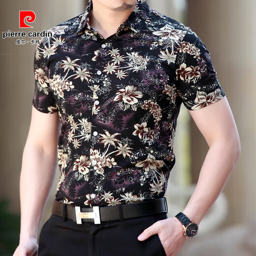 Pierre cardin summer youth men's short-sleeved shirt middle-aged large-sleeved print T-shirt men's pure cotton half-sleeved floral floral shirt thin style 673 red L 175 suggestions 145-165Jin [Jin equals 0.5 kg]
