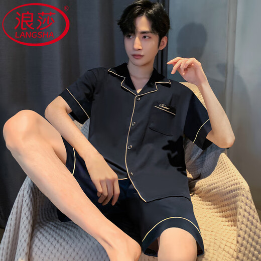LangSha light luxury pajamas men's summer thin ice silk short-sleeved teenagers can wear new men's home clothing suit 12532 [Yunduo Cotton Crepe] L (recommended height 170, weight 100-