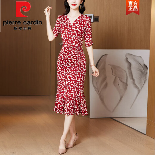 Pierre Cardin Hip bedeckte Mode Klassiker schwarzer Tupfen Temperament eleganter Fischschwanzrock 2025 Frühling und Sommer Neues V-Ausschnitt Slim Kleid 679 Leichte Aprikosenboden rote Blätter m