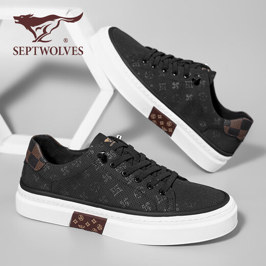 Sieben Wolf -Männerschuhe Sommer 2025 Neue Brettschuhe Herren -Leinwandschuhe Dicke Sohle atmungsaktive Männer lässige Schuhe Vielseitige Männerschuhe flache Schuhe schwarz [atmungsaktives Stil] 42 (260 mm) [Standard Lederschuhgröße]