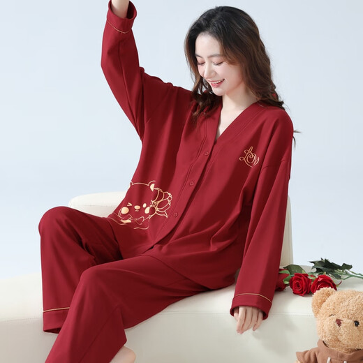 大红睡衣女款结婚新婚春秋款纯棉套装秋冬季喜庆本命年V领家居服 W9754套装 M 70-90斤