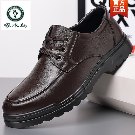 Holzspecker Echtes Männerzehenschicht Cowide Echtes Leder weicher Sohle Runde Zehen Business Arbeit lässig Lederschuhe Herren Non-Rutsch-Vaters Schuhe 6627 Black 38