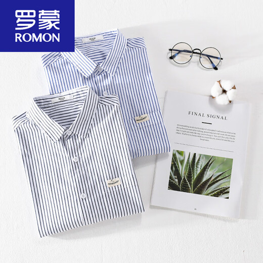 罗蒙（ROMON）男士条纹短袖衬衫日系宽松薄款上衣夏季休闲衣服潮流百搭衬衣新品 9740蓝色 XL 125斤左右