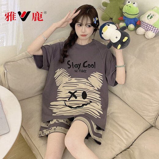 Yalu pijama para mujeres algodón puro de algodón puro pantalones cortos de manga corta dibujos animados delgados de tamaño grande 200 jin [Jin equivale a 0.5 kg] juego de ropa para el hogar para mujeres de verano WB 1343 m tamaño pequeño (80-100 Jin [Jin iguala 0.5 kg])
