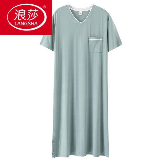 浪莎（LangSha）男士一体式睡裙男款夏季冰丝睡裙莫代尔大尺码长款睡袍宽松浴袍 844松霜绿 2XL 【建议160-180斤】